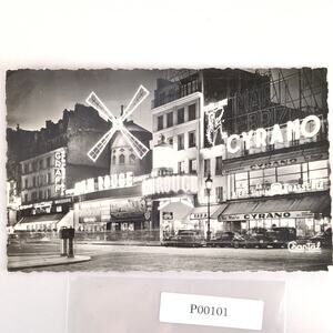 Vintage 1955 Chantal Postcard Moulin Rouge at Night Paris France B&W Photograph